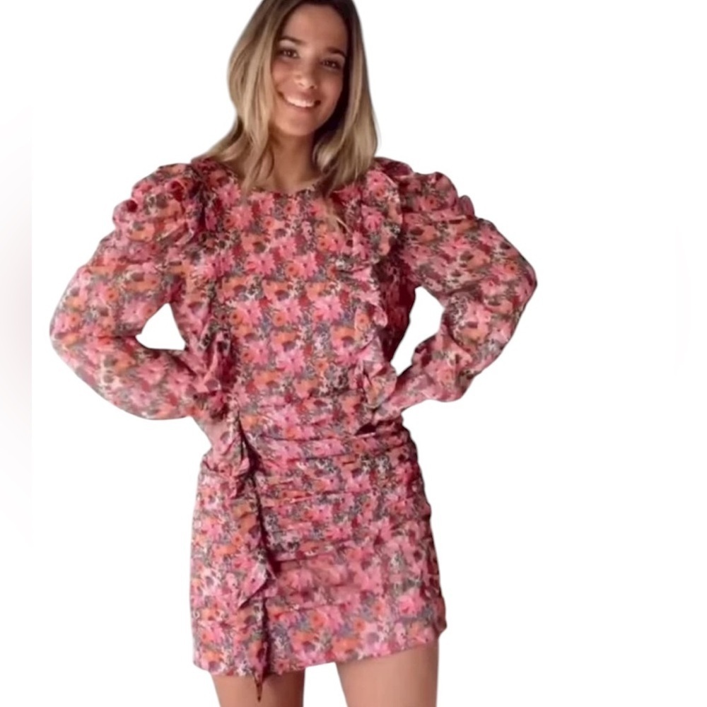 Zara Floral Ruched Ruffle Mini Dress Size S - Picture 14 of 16